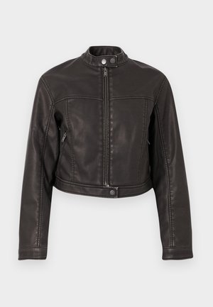 Black cropped leather jacket featuring a stand collar, front zipper, and side zippered pockets with a smooth texture and minimal stitching.