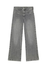 Pantalones de mezclilla grises de pierna ancha con un acabado deslavado, que presentan dos bolsillos frontales y botones decorativos a lo largo de las costuras laterales.