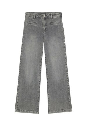 Weite graue Denim-Hosen mit einem verwitterten Finish, ausgestattet mit zwei vorderen Taschen und dekorativen Knöpfen entlang der Seitennaht.