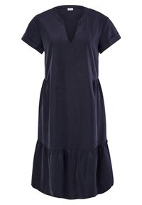 Robe bleu foncé à manches courtes avec un col rond fendu et un jupon à volants.