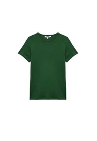 Camiseta verde de manga corta hecha de algodón. Presenta un cuello redondo y una textura suave. Diseño simple sin patrones ni acentos visibles.