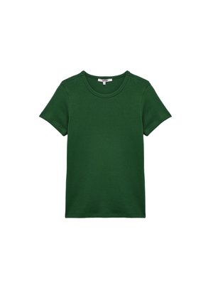 Groen T-shirt met korte mouwen, gemaakt van katoen. Voorzien van een ronde halslijn en een gladde textuur. Eenvoudig ontwerp zonder zichtbare patronen of accenten.