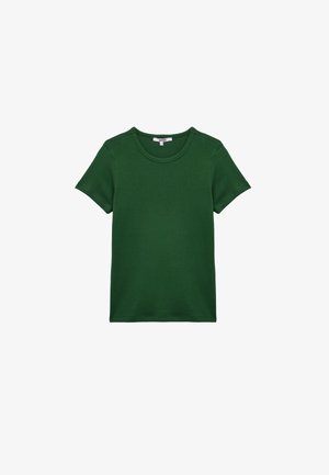 Grünes kurzärmliges T-Shirt aus Baumwolle. Verfügt über einen runden Halsausschnitt und eine glatte Textur. Einfaches Design ohne sichtbare Muster oder Akzente.