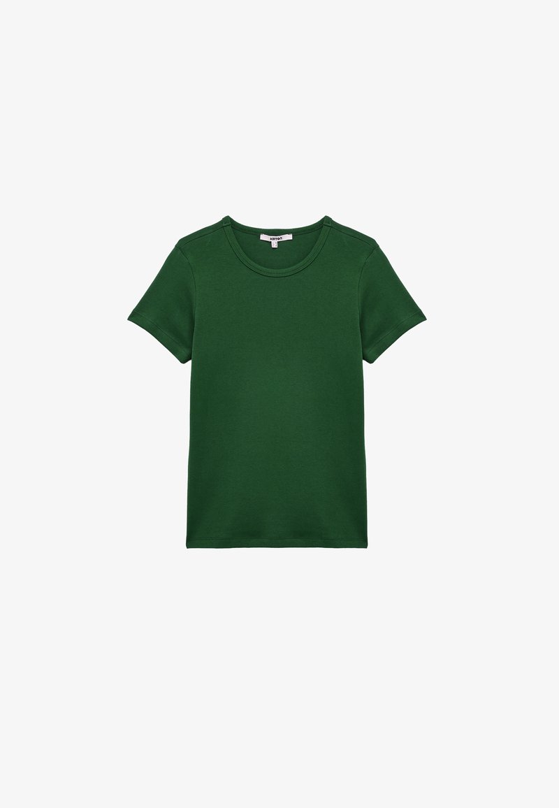 Groen T-shirt met korte mouwen, gemaakt van katoen. Voorzien van een ronde halslijn en een gladde textuur. Eenvoudig ontwerp zonder zichtbare patronen of accenten.