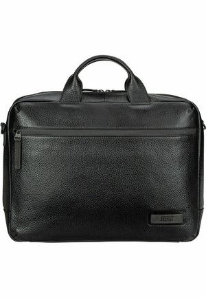 Schwarze Lederaktentasche mit strukturierter Oberfläche, doppelten oberen Griffen, einer Vorderreißverschlusstasche und dezentem Logo. Maße geeignet für Dokumente.