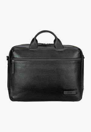 Schwarze Lederaktentasche mit strukturierter Oberfläche, doppelten oberen Griffen, einer Vorderreißverschlusstasche und dezentem Logo. Maße geeignet für Dokumente.