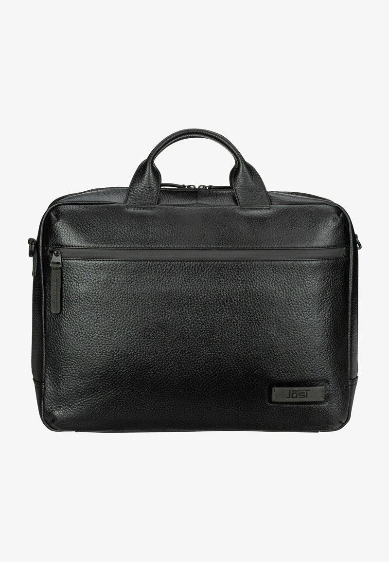 Black leather briefcase with a pebbled texture, dual top handles, front zip pocket, and subtle logo detail. Dimensions suitable for documents.