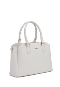 Borsa a mano in pelle sintetica bianca con forma strutturata, doppi manici superiori e dettagli in metallo dorato. Presenta un semplice logo sul davanti.