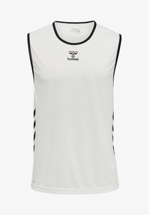 White sleeveless athletic shirt with black trim, featuring a logo on the chest and black diagonal stripes on the sides. Made of breathable material.