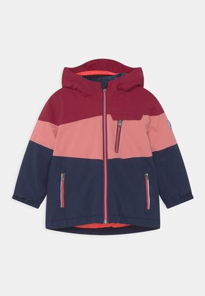 Children’s hooded jacket with maroon, pink, and navy color blocks, front zipper, chest pocket, and two side zip pockets.