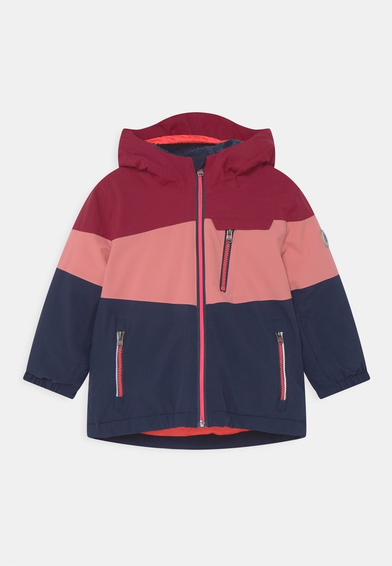 Veste à capuche pour enfants avec blocs de couleur bordeaux, rose et marine, fermeture éclair à l’avant, poche poitrine et deux poches latérales zippées.