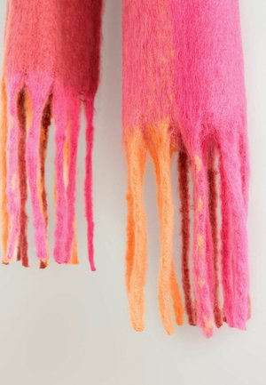 Wool scarf featuring graduated shades of pink and orange, with thin, fringed edges and a soft, textured surface.