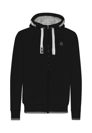 Svart zip-up hettegenser med myk hvit fleece innside, kontrasterende snorer og ribbestrikkede mansjetter og kant. Har en subtil logo på brystet.