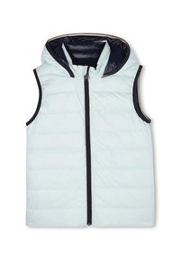 Gilet imbottito senza maniche di colore azzurro chiaro con zip nera e fodera del cappuccio, progettato per garantire calore e stratificazione.