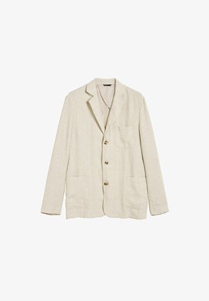 Licht beige linnen blazer met een geknipt revers, drie knopen aan de voorkant en twee opgestikte zakken. Zachte textuur met een relaxte pasvorm.