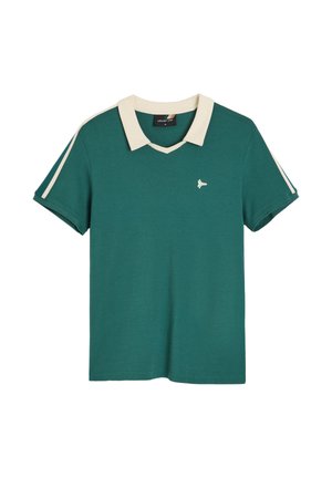 Zielona koszulka polo z krótkim rękawem, beżowym kołnierzykiem i paskami na rękawach, małe białe logo na piersi, rozmiar XL.