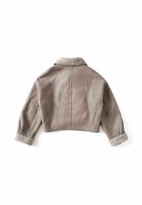 Gesneden lichtgrijze leren jas met een zachte schapenvachtkraag en manchetten, voorzien van subtiele stiksels en een gladde textuur.