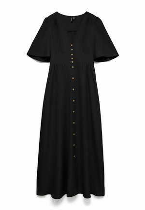 Črna midi obleka s kratkimi krilastimi rokavi, širokim pasom, sprednjim zapiranjem na gumbe z majhnimi okroglimi gumbi in subtilnim V-izrezom.