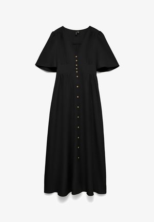 Must must midi-kleit lühikeste lehvivate varrukatega, laia vöökohaga, esikinnis väikeste ümarguste nööpidega ja peene V-kaelusega.