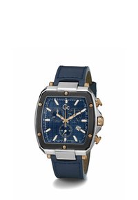 Orologio con cinturino in pelle blu, cassa rettangolare in argento, quadrante blu testurizzato, dettagli in tonalità oro, subquadranti per cronografo e display della data.