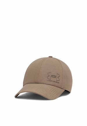 Casquette de baseball Under Armour marron clair avec une visière incurvée et un logo en relief sur le panneau avant.
