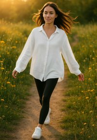 Witte knoopshirt, losse fit, lichtgewicht stof; zwarte leggings, witte sneakers; wandelend op een pad omringd door hoge grassen en wilde bloemen.