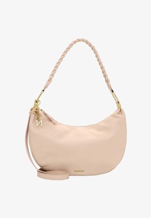 Beige crescent-shaped handbag with braided shoulder strap, gold zipper, decorative gold letter charms, and small gold brand plaque.