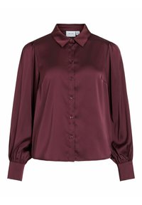 Bordo bluza od saten tkanine, s klasičnim ovratnikom, dugim dugmadi na prednjoj strani i dugim napuhanim rukavima s uskim manžetama. Glatka tekstura.
