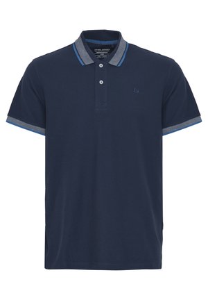 Polo shirt blu navy con colletto con accenti azzurri e polsini a fantasia. Realizzato in cotone morbido, include tre bottoni nella patta.
