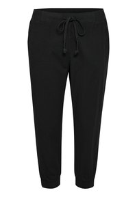 Musta rento housut, joissa on joustava vyötärö, säädettävä naru, sivutaskut ja joustavat hihnat nilkoissa.