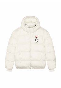 Giubbotto imbottito bianco con collo alto, chiusura con cerniera e due tasche laterali. Presenta una grafica di una mano con un cuore sul lato sinistro del petto.