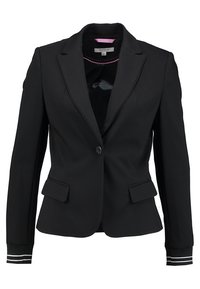Zwarte blazer met een op maat gemaakte uitstraling, een enkele knoopsluiting, twee voorzakken en gestreepte manchetten. Gemaakt van gestructureerd materiaal.