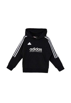 Black Adidas hoodie with white three stripes on sleeves, front pocket, and "adidas SPORTSWEAR" logo in white on chest.