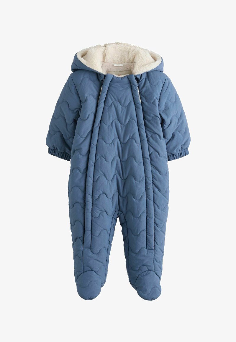 Combinaison de ski matelassée bleue pour bébé avec capuche, doublée de polaire blanche douce, poignets élastiques et pieds intégrés pour une couverture complète.