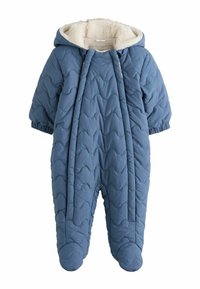 Gestepptes blauer Schneeanzug mit Kapuze, ausgestattet mit einem flauschigen Futter, elastischen Bündchen und Fußteil. Gepolsterte Textur mit wellenförmigem Stitching-Muster.