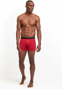 Boxer-briefs rouges avec une ceinture noire portant le nom de marque "FALKE" en rouge. Le matériau semble doux et ajusté.
