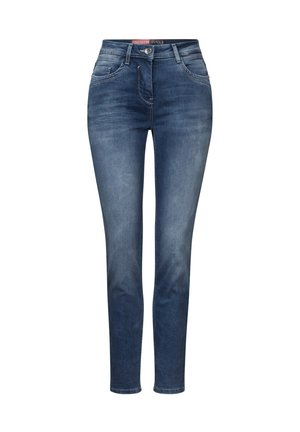 Skinny jeans in donkerblauwe denim, met een hoge taille, vijf zakken en contrasterende stiksels. Soepele textuur, aangesloten silhouet.