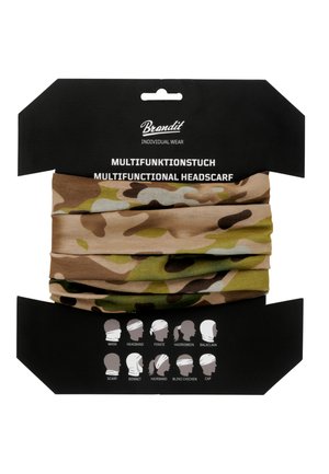 Multifunktionelt hovedtørklæde i camouflage-mønster med nuancer af brun og grøn. Blød stofmateriale med muligheder for forskellige anvendelser.