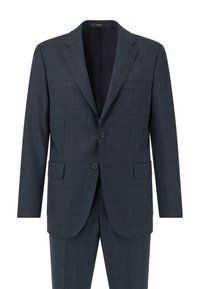 Mörkblå rutad kostym med blazer med två knappar och matchande byxor. Har slag med notcher och sidofickor. Texturerat tyg.