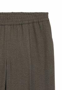 Elastic waistband, dark brown fabric with a slight shine, smooth texture, and subtle heathered pattern in a relaxed fit design.
