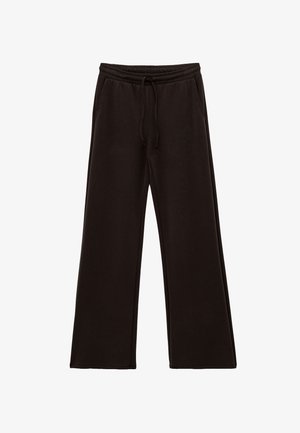 Zwarte wijde sweatpants met een elastische tailleband, trekkoord en zijzakken. Gemaakt van zachte, gladde stof met een ontspannen pasvorm.