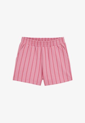 Pinke Shorts mit vertikalen Streifen, elastischem Bund und Seitentaschen, aus strukturiertem Stoff.