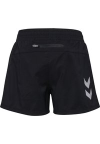 Czarne sportowe szorty z wykończeniem teksturowanym, elastycznym paskiem w talii i małą kieszonką na zamek z tyłu. Posiadają odblaskowe akcenty w kształcie chevronu.