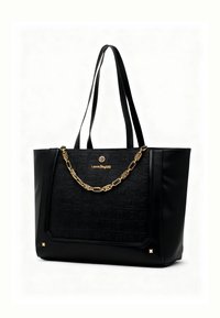 Borsa tote in ecopelle nera con pannello frontale testurizzato, dettaglio catena dorata e doppie maniglie; presenta dettagli del logo in oro.