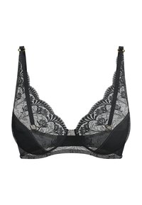 Schwarzer Spitze-BH mit Blumenmustern, verstellbaren Trägern, Bügelunterstützung und Ringen in Goldoptik an den Trägern.