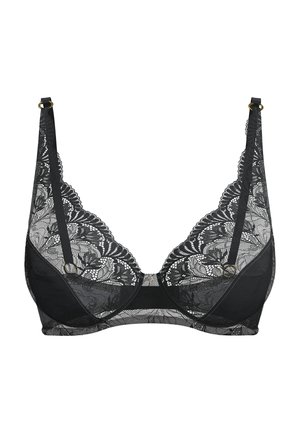 Zwarte kanten beha met bloemmotieven, verstelbare bandjes, beugelondersteuning en goudkleurige ringen op de bandjes.