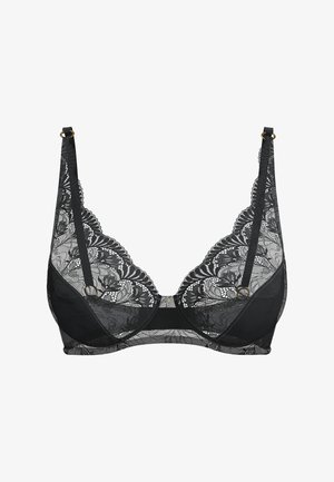 Zwarte kanten beha met bloemmotieven, verstelbare bandjes, beugelondersteuning en goudkleurige ringen op de bandjes.