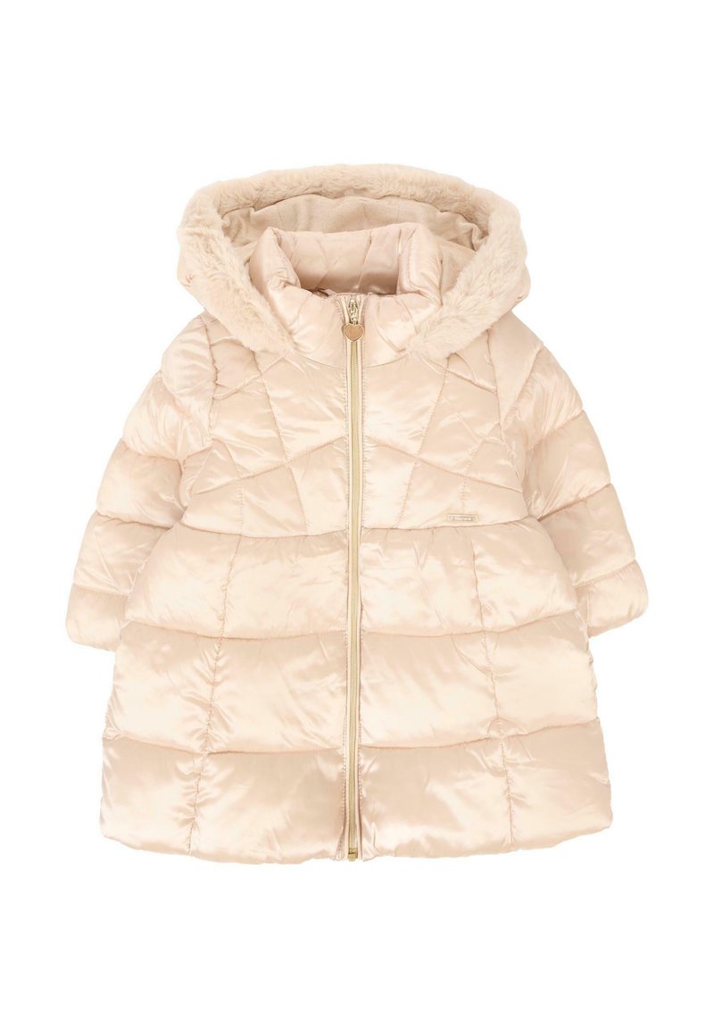 Chaqueta acolchada de color rosa claro con capucha forrada de suave piel sintética, cierre de cremallera y acabado texturizado.