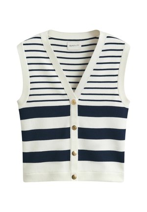 Sleeveless knit vest with navy and white horizontal stripes, V-neck, and four gold buttons down the front.