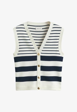 Sleeveless knit vest with navy and white horizontal stripes, V-neck, and four gold buttons down the front.